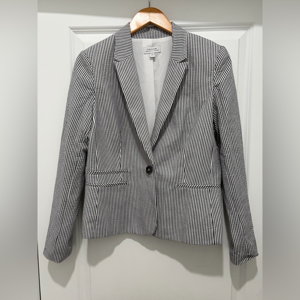 Tahari Navy Blue and White Pinstripe Blazer